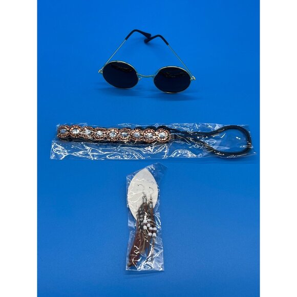 Hippie Costume Set With Fringe Vest Feather Earrings Beaded Headband & Round Sun - Picture 6 of 10